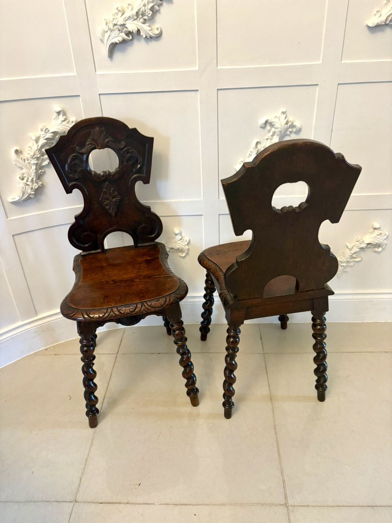 Pair of Antique Victorian Quality Carved Oak Hall Chairs - Image 4